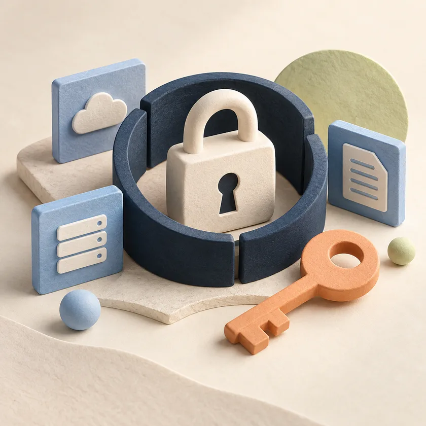 An ivory lock within a navy protective ring, with blue data tiles and apricot access key.