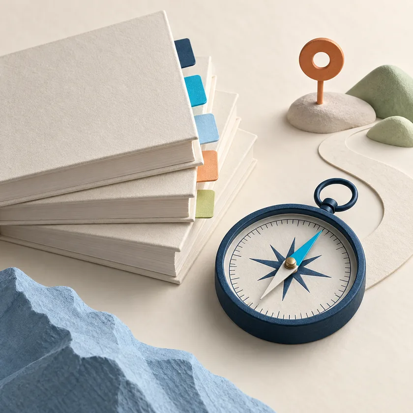A fan of ivory reference books with colored tabs beside a blue compass and an orange scope marker.