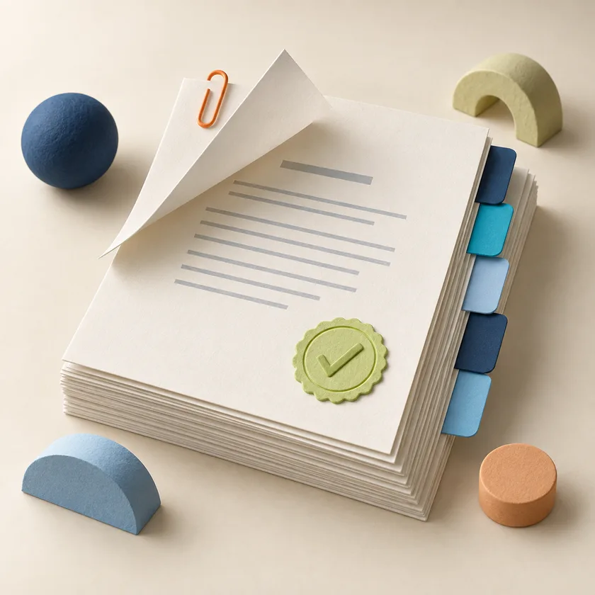 Controlled papers with revision tabs and a green review seal.