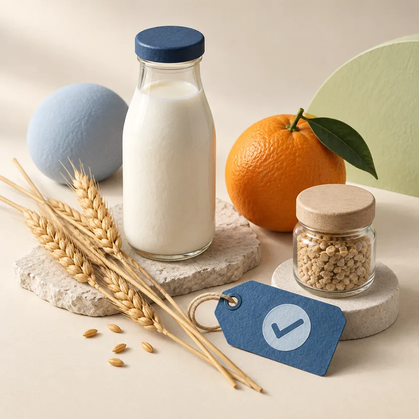 Food ingredients and sample containers beside an inspection tag.