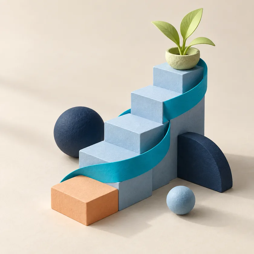 A blue path follows ascending steps toward a growing plant.