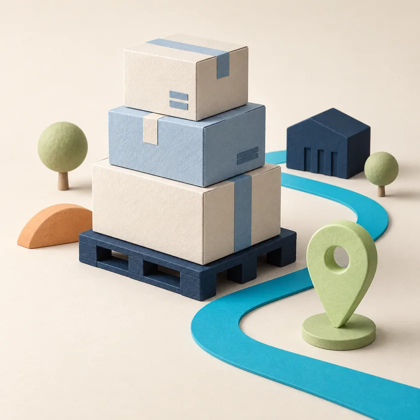 Organized cartons and a route connecting a warehouse to its destination.