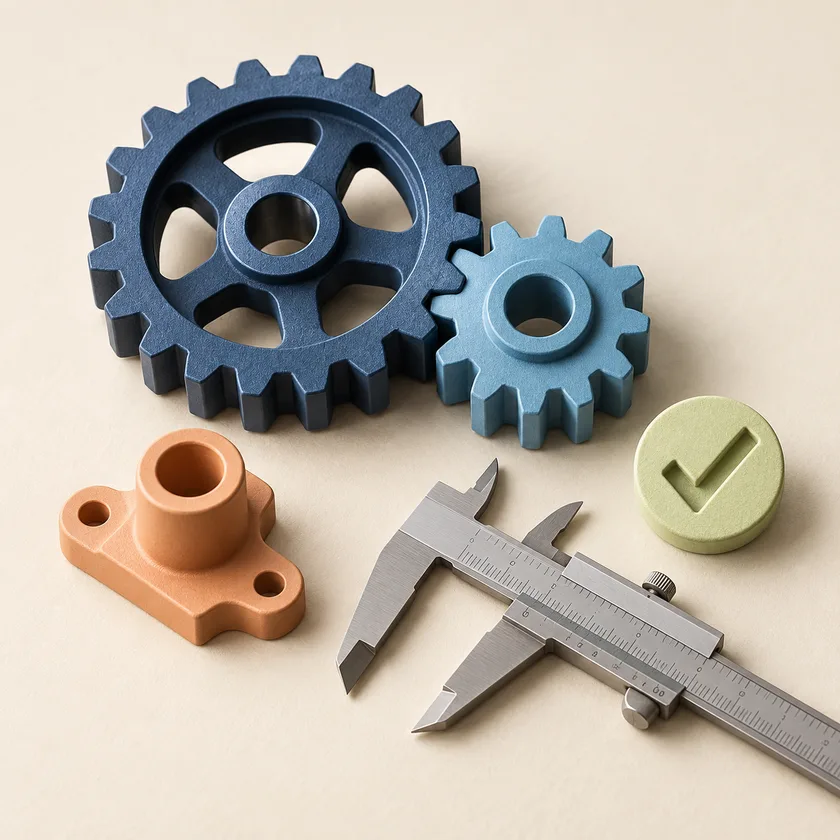Precision gears, a machined part and calipers for quality checks.