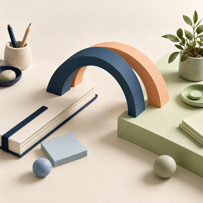 Two distinct blue and apricot arches form a bridge between an ivory consulting notebook and a pale green client workspace.