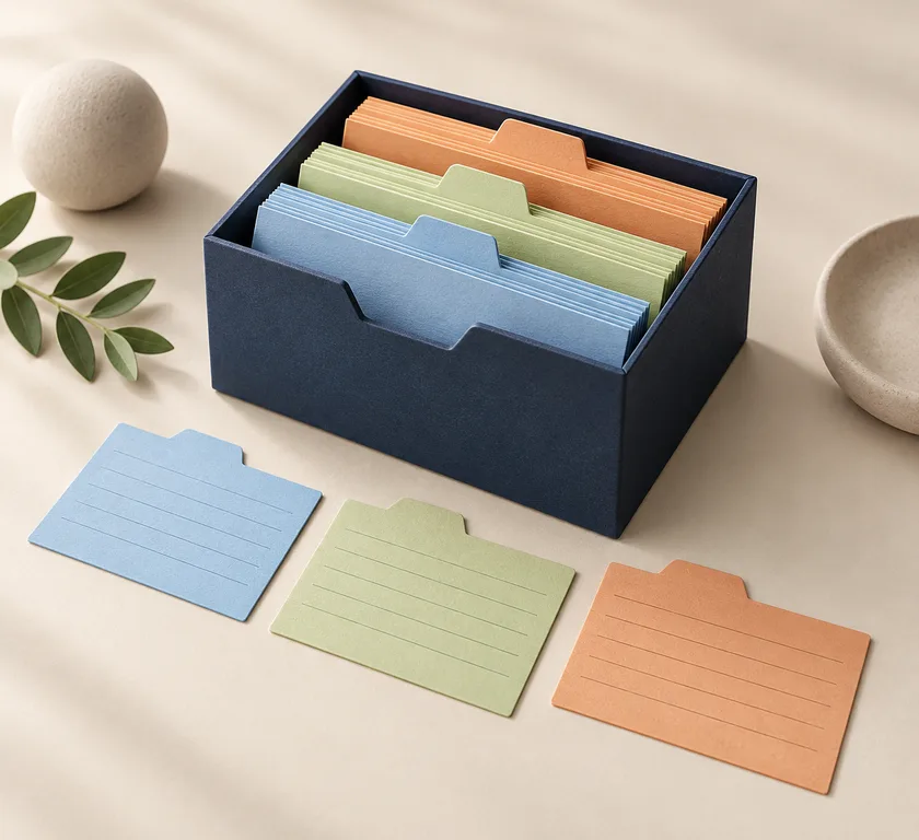 An organized index of blue, green and orange record cards.