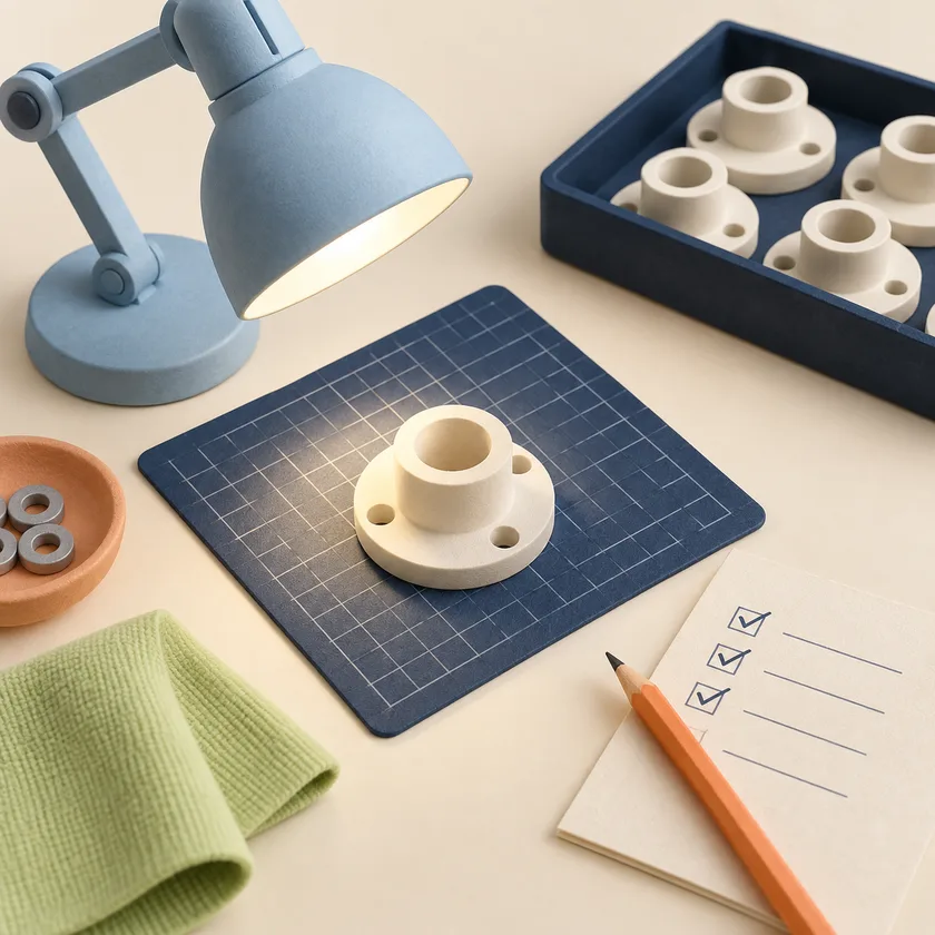 A pale blue inspection lamp illuminates an ivory component on a grid mat beside a small checklist and orange pencil.
