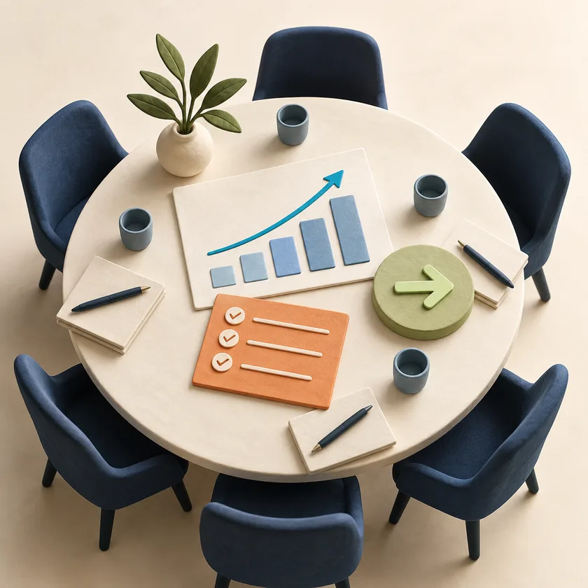 A round ivory review table with a blue trend chart, orange action card and pale green directional arrow, viewed overhead.