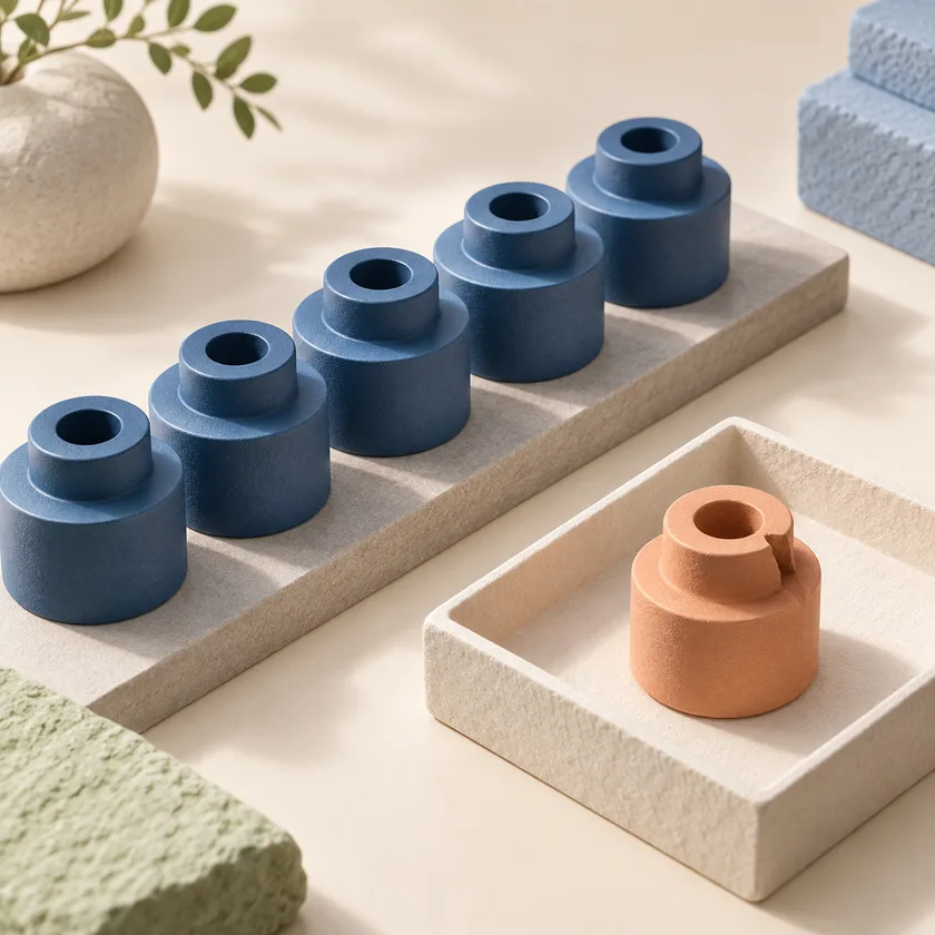An orderly row of blue manufactured pieces with one apricot mismatched piece separated into an ivory review tray.