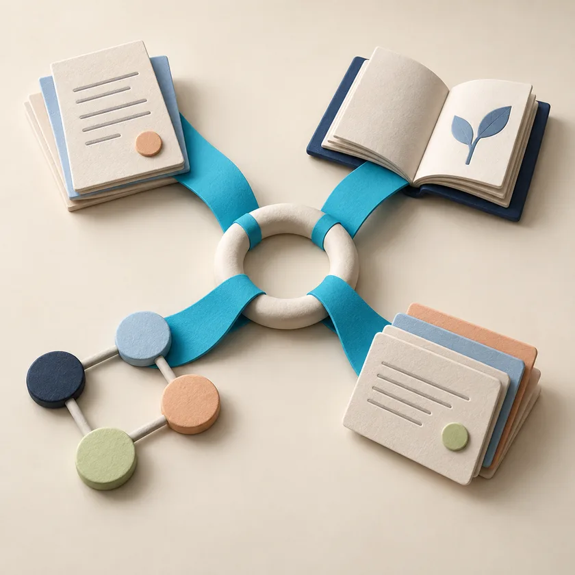 Four separate cyan ribbons converge around a central ivory ring, bringing together a document, learning book, process nodes and record cards in a connected quality system.