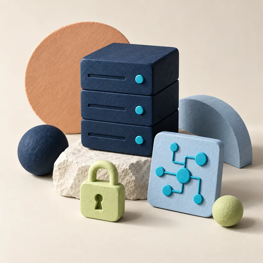 A server, circuit connections and a lock representing information security.
