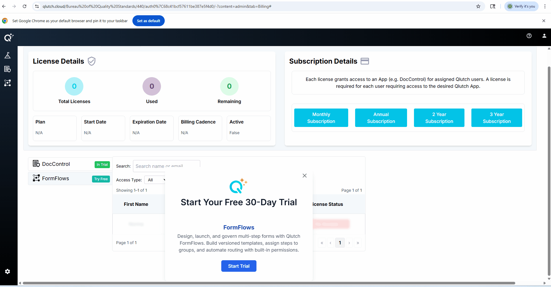 Click Start Trial and Admin Access